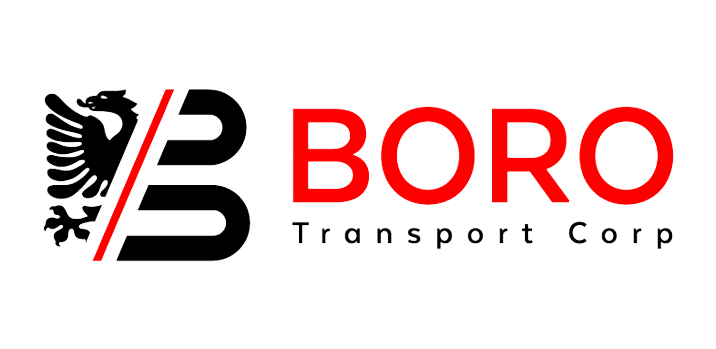 Logo for BORO Transport Corp featuring a black eagle on the left, with a stylized letter B and two red lines, and the company name in bold red and black text on the right.